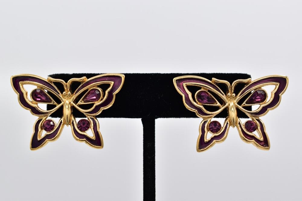 VIntage Buttefly Purple Crystal Earrings Enamel Gold Tone Chunky 1980s BinAI